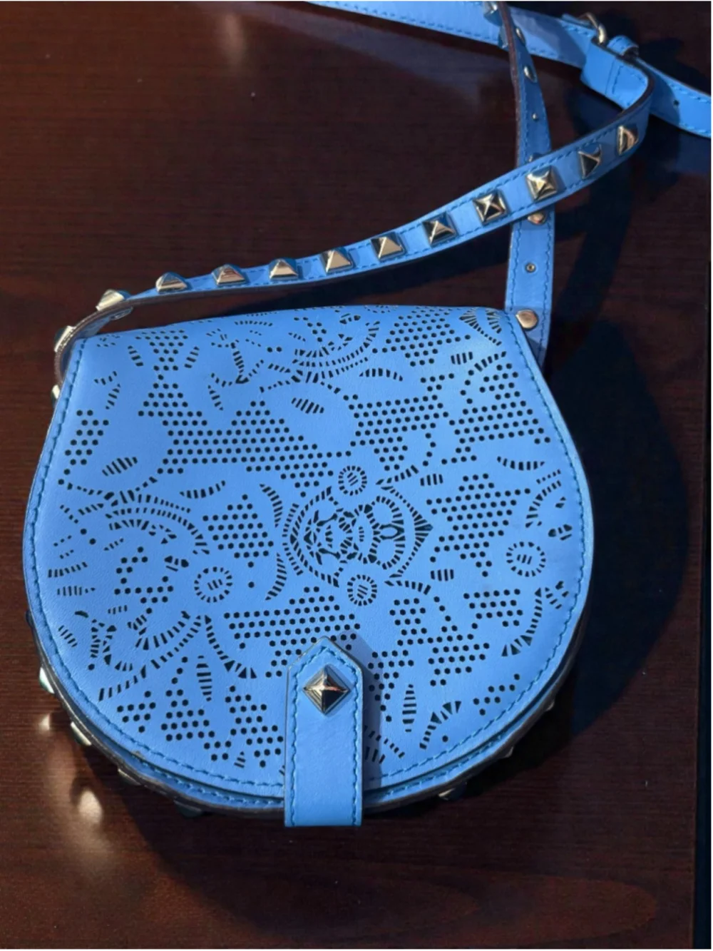 Rebecca Minkoff Skylar Crossbody Bag in Cerulean Blue Laser-cut Leather